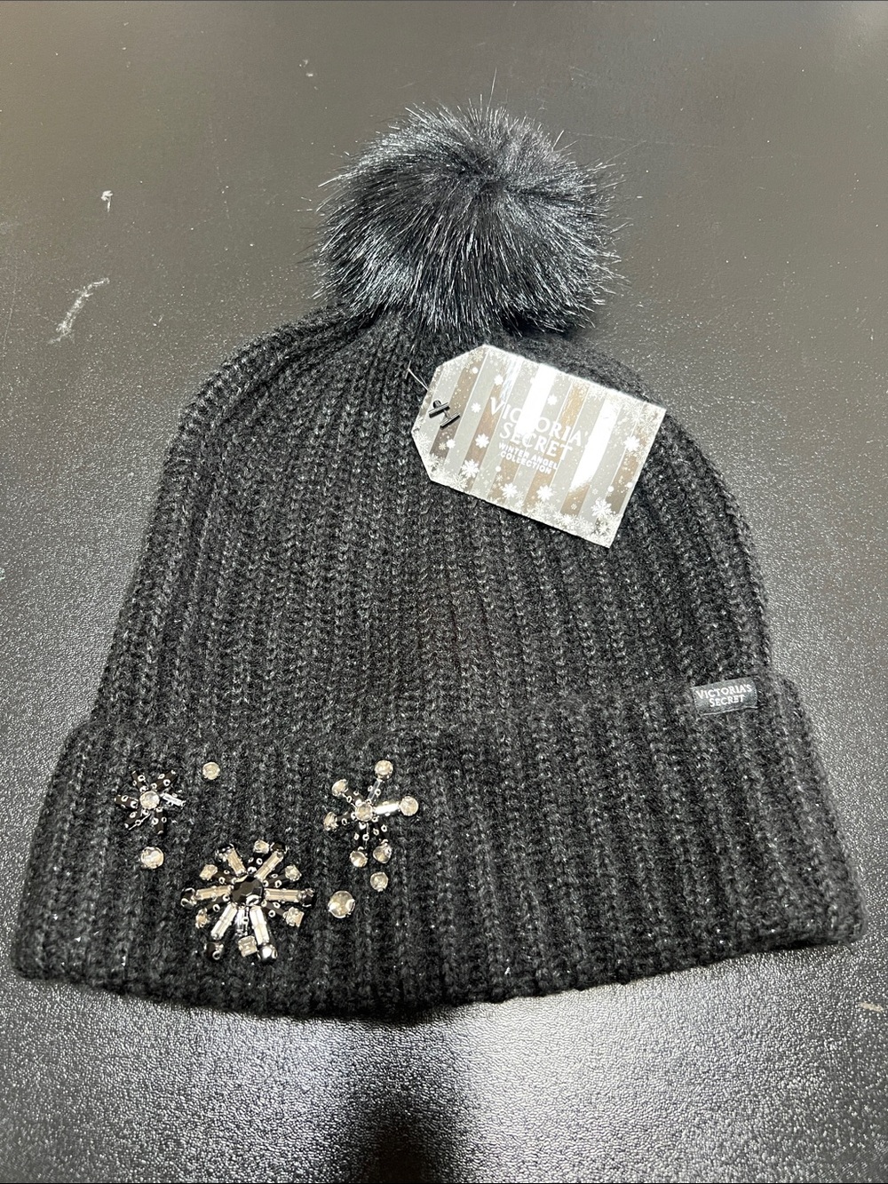 Victoria's Secret Black Pom Pom Beanie with Crystal Snowflake Accents